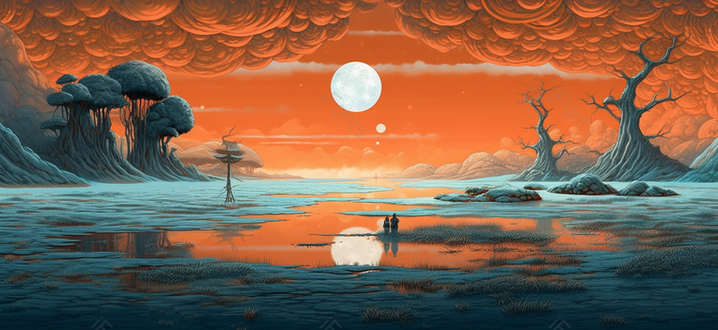 夕阳下原野森林树木水塘边站里的人背影,插画/手绘图,插画/手绘图库,插画/手绘图下载,插画/手绘